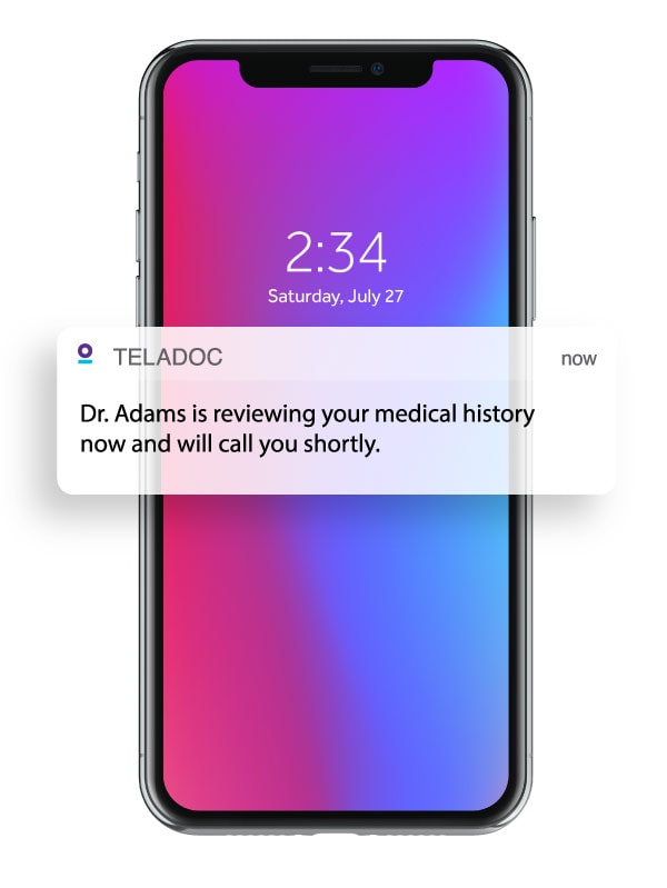 Push notificaton on an iphone with updates that a doctor is reviewing a memeber's medical history and will call soon